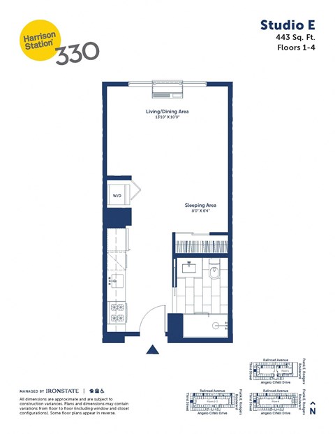 Floor plan for studio, 1 bath, 443 sqft